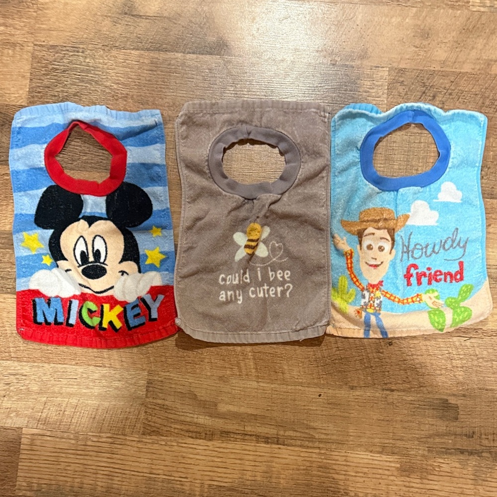 3 Disney Character Bib Set - Red, Gray, Blue